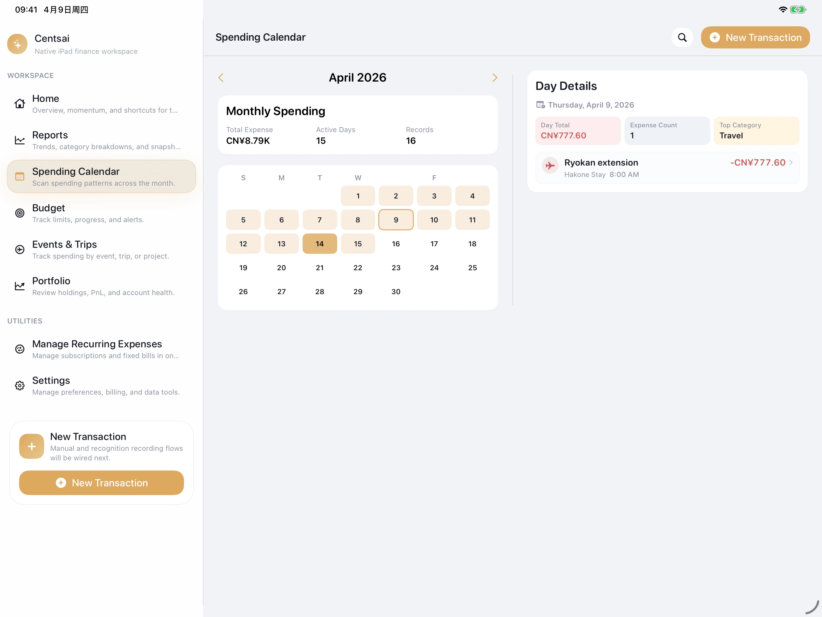 Centsai calendar view on iPad