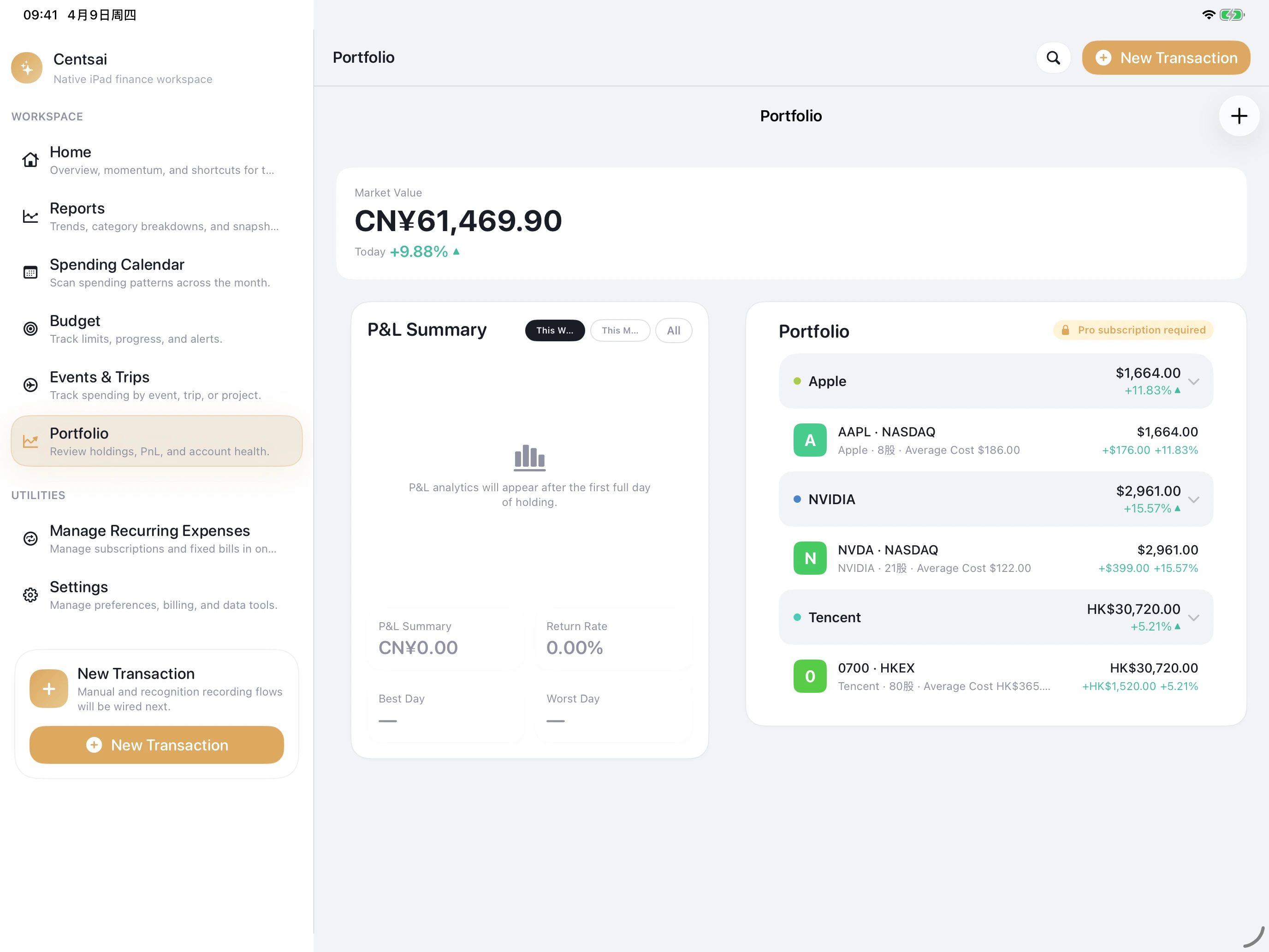 Centsai portfolio view on iPad